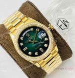 V2 Rolex Day Date 40 Diamond Bezel Green Gradient Watch with a Rolex NFC Card